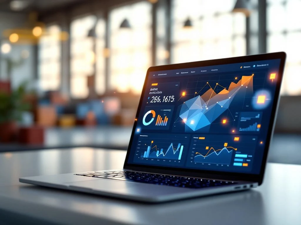 Laptop met data-analytics dashboard in moderne kantooromgeving met grafieken in blauw en oranje tinten