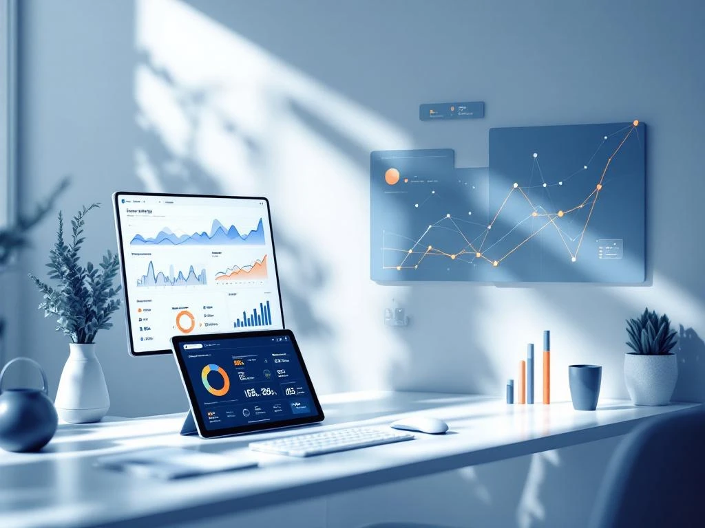 Moderne data-analyse werkplek met logistieke dashboards, grafieken en supply chain metrics in blauw-oranje kleurschema