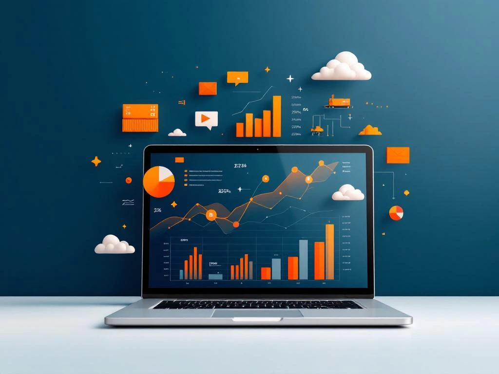 Laptop met kleurrijke data-visualisaties en grafieken, omringd door zwevende analytics-elementen en logistiek iconen