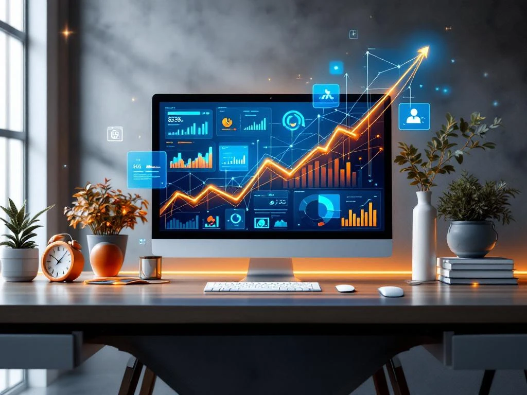 Holografische datavisualisatie werkruimte met blauwe dashboards, oranje accentlijnen en carrière groei pijlen