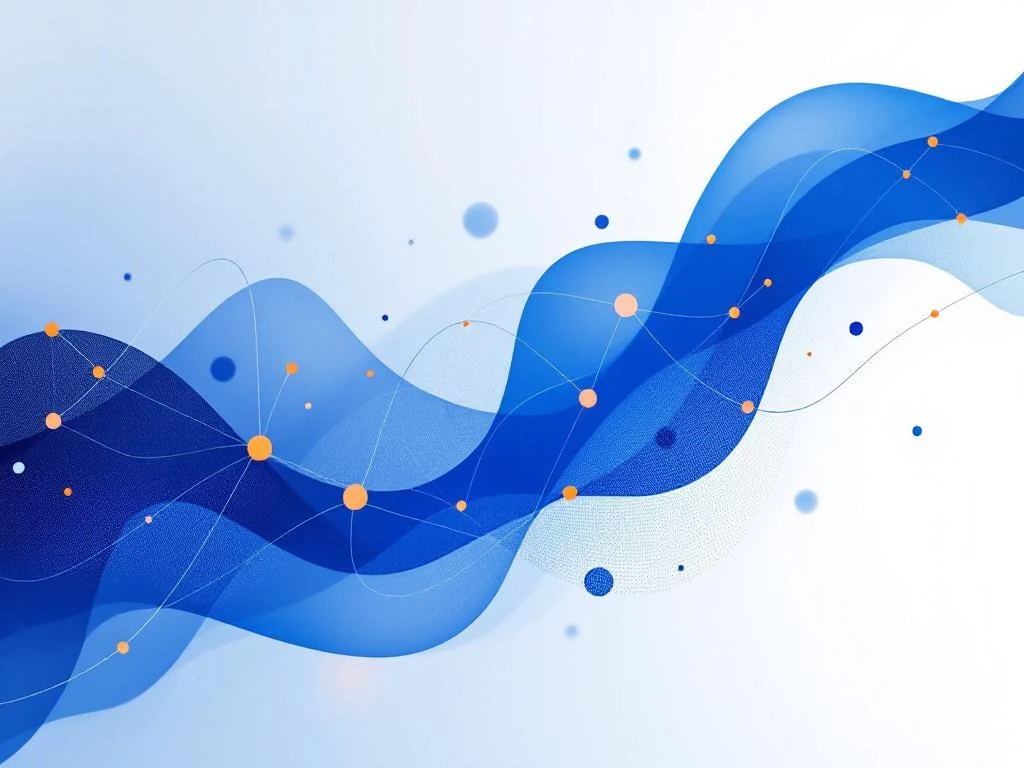 Abstracte datavisualisatie met logistieke netwerksymbolen in donkerblauw en oranje op witte achtergrond