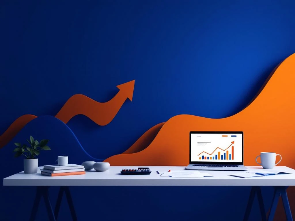 Minimalistische kantoorwerkplek met laptop, financiële documenten en calculator op wit bureau met blauwe geometrische vormen