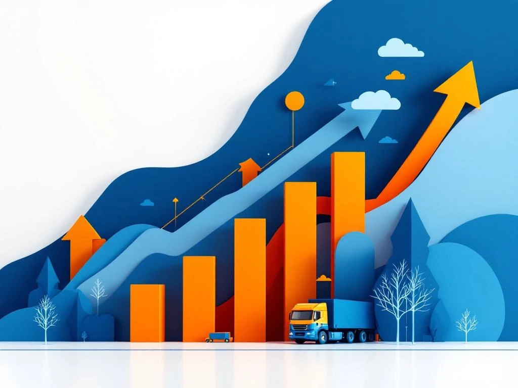 Financiële groeigrafiek met oplopende balken en logistieke pictogrammen in blauw en oranje op witte achtergrond