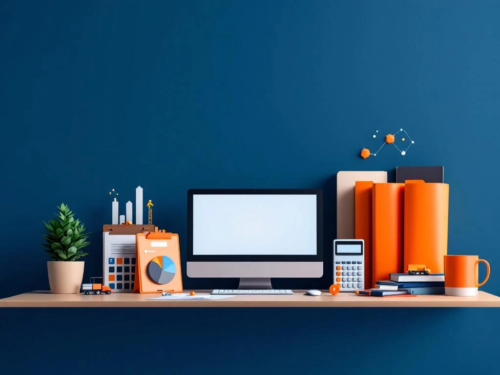 Moderne kantoorwerkplek met laptop, rekenmachine en financiële documenten op bureau met logistieke symbolen en grafieken