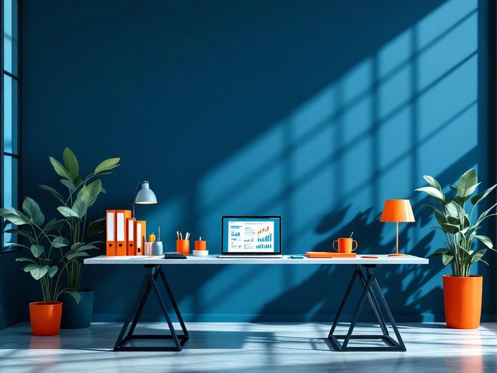 Moderne kantooromgeving met laptop, financiële documenten en calculator op minimalistische bureau in blauw-oranje kleurenschema