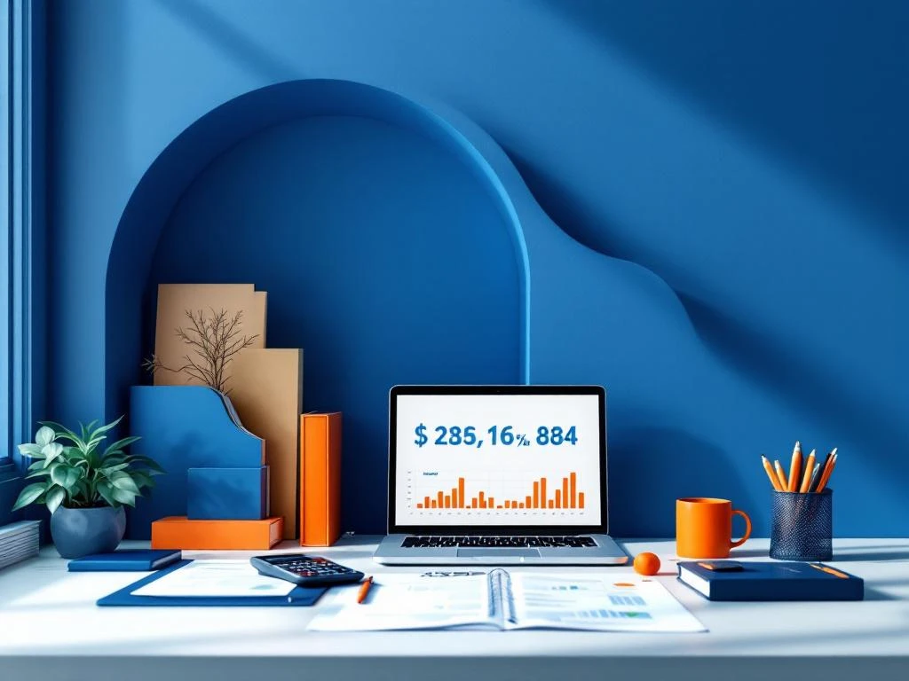 Moderne kantoorwerkplek met laptop, financiële documenten en calculator in strak blauw-oranje design met natuurlijk licht