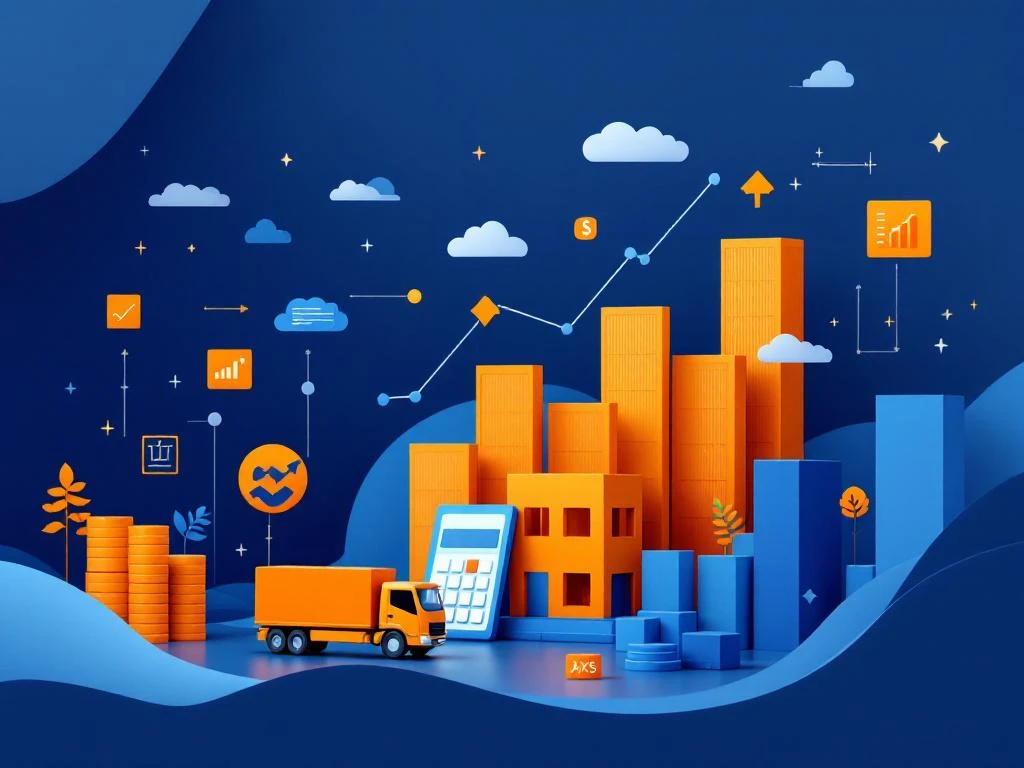 Financiële grafieken en logistieke pictogrammen in minimalistische compositie met donkerblauw en oranje kleuraccenten