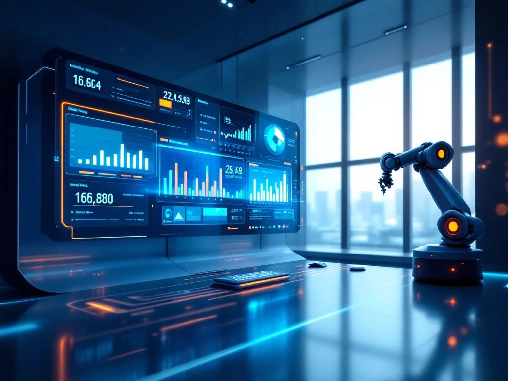 Modern financieel controlecentrum met digitale interfaces, automatisering en analytics dashboards in blauw-oranje design