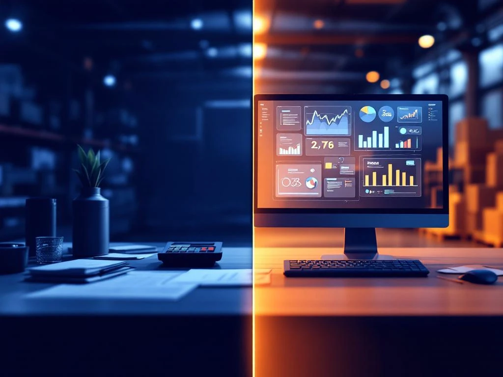 Gesplitste werkruimte met boekhouding links en financiële controle rechts in logistieke omgeving