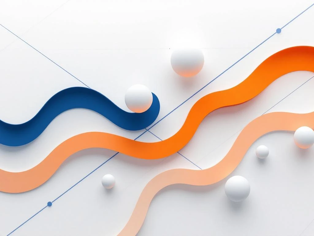 Abstracte geometrische vormen in blauw en oranje die financiële datastromen in logistiek visualiseren op witte achtergrond