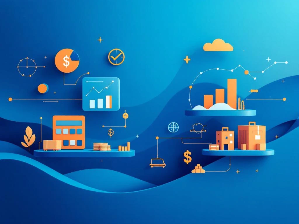 Minimalistische financiële grafieken en logistieke pictogrammen op donkerblauwe achtergrond met oranje accenten