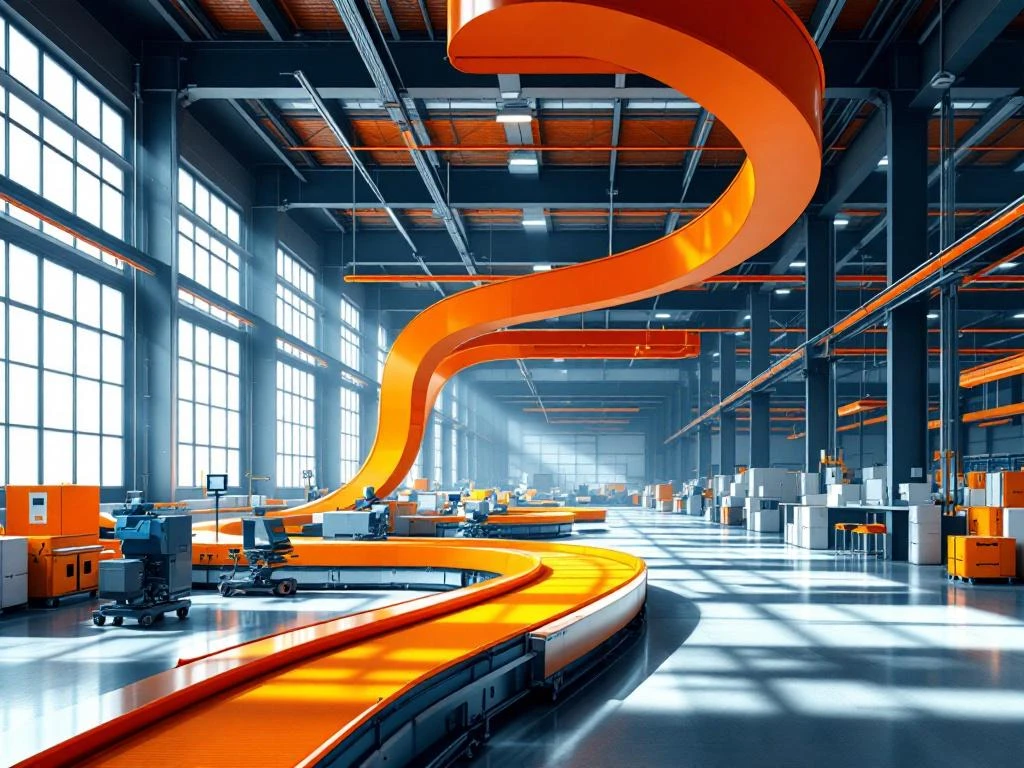 Moderne industriële magazijn met donkerblauwe structuren, oranje transportsystemen en natuurlijk licht door grote ramen