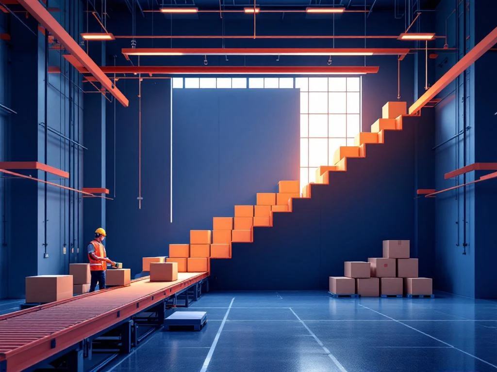 Productiewerker met veiligheidsuitrusting bedient machines in moderne industriële loods met transportbanden en logistieke dozen