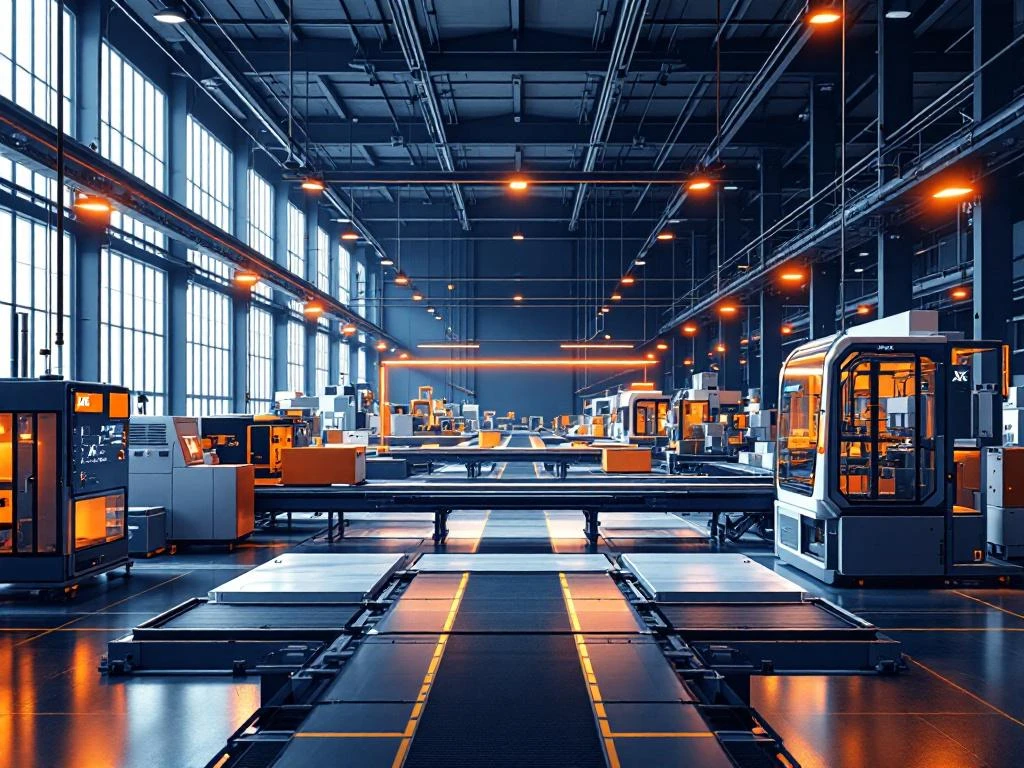 Industriële magazijnruimte met geautomatiseerde transportsystemen vooraan en handmatige werkstations achteraan in blauw-oranje licht