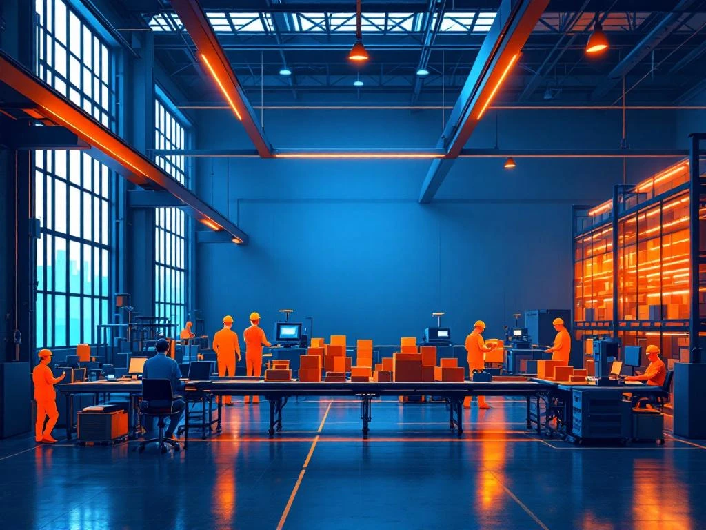 Moderne industriële magazijnhal met productiearbeiders in veiligheidsuitrusting bij machines en transportbanden