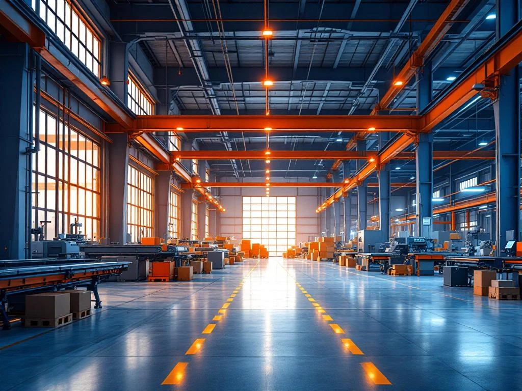 Moderne industriële magazijn met blauwe structuren, oranje verlichting en gestroomlijnde productieapparatuur