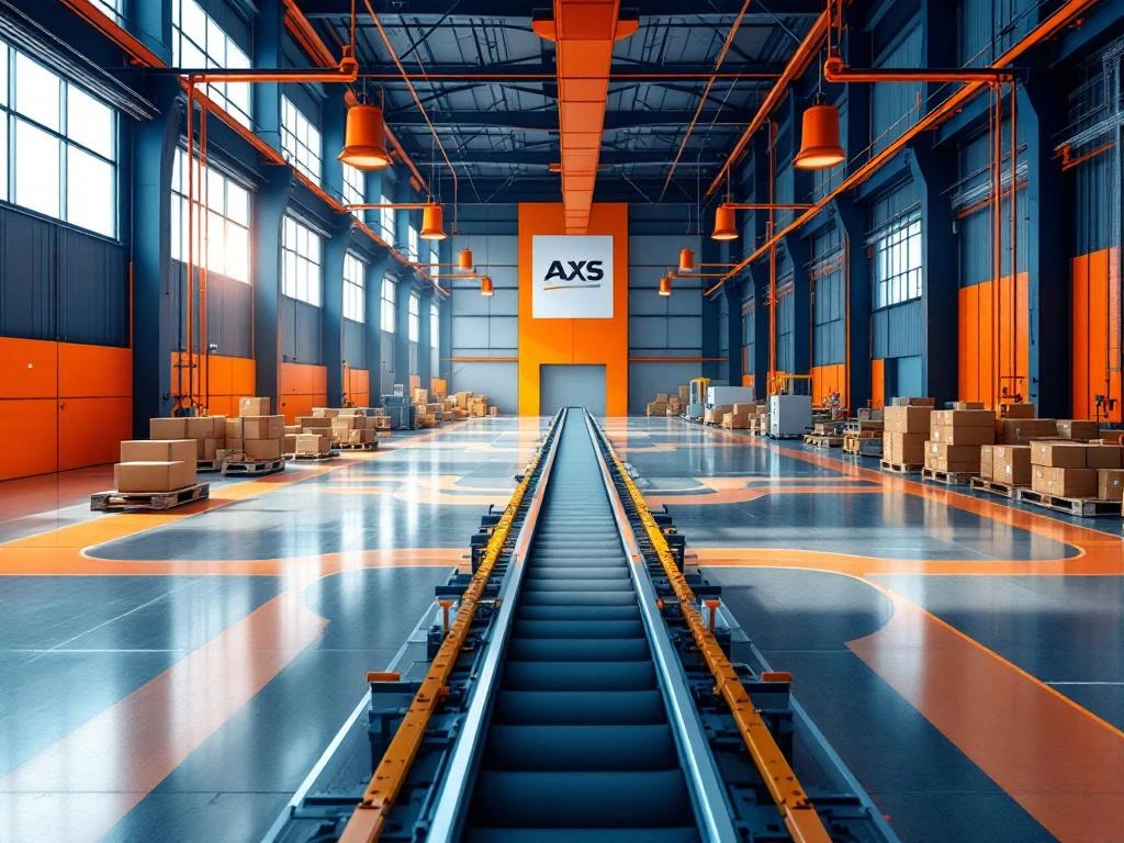 Moderne industriële magazijn met blauwe structurele elementen, oranje veiligheidsuitrusting en productielijn door het midden