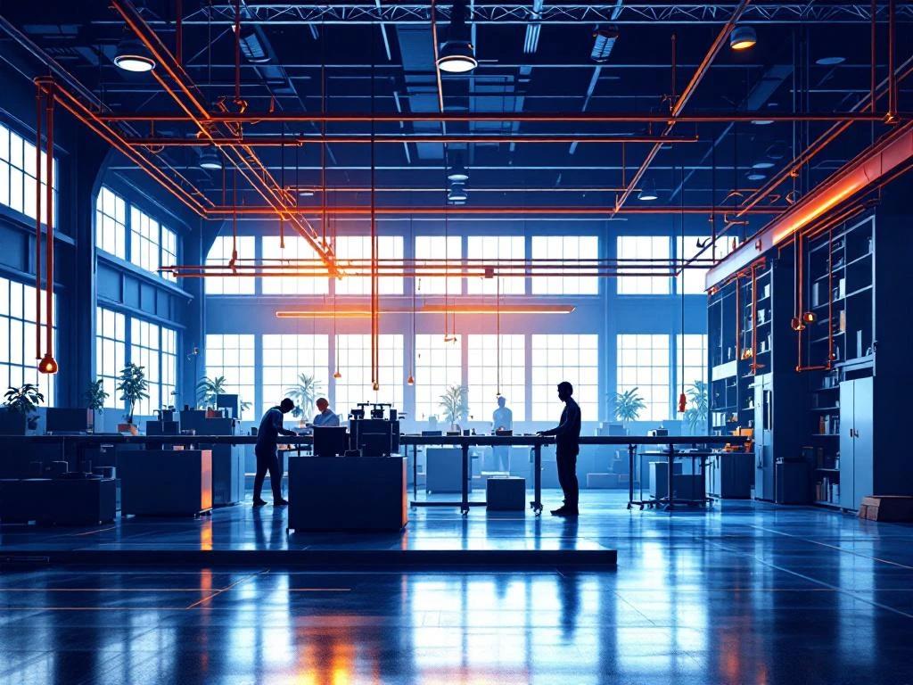 Industriële magazijnruimte met werknemer aan productielijin, donkerblauwe structuren en oranje veiligheidsapparatuur