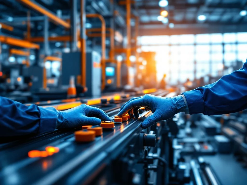 Geschoolde handen bedienen precisieapparatuur in moderne industriële productiefaciliteit met blauwe machines en oranje veiligheidsuitrusting