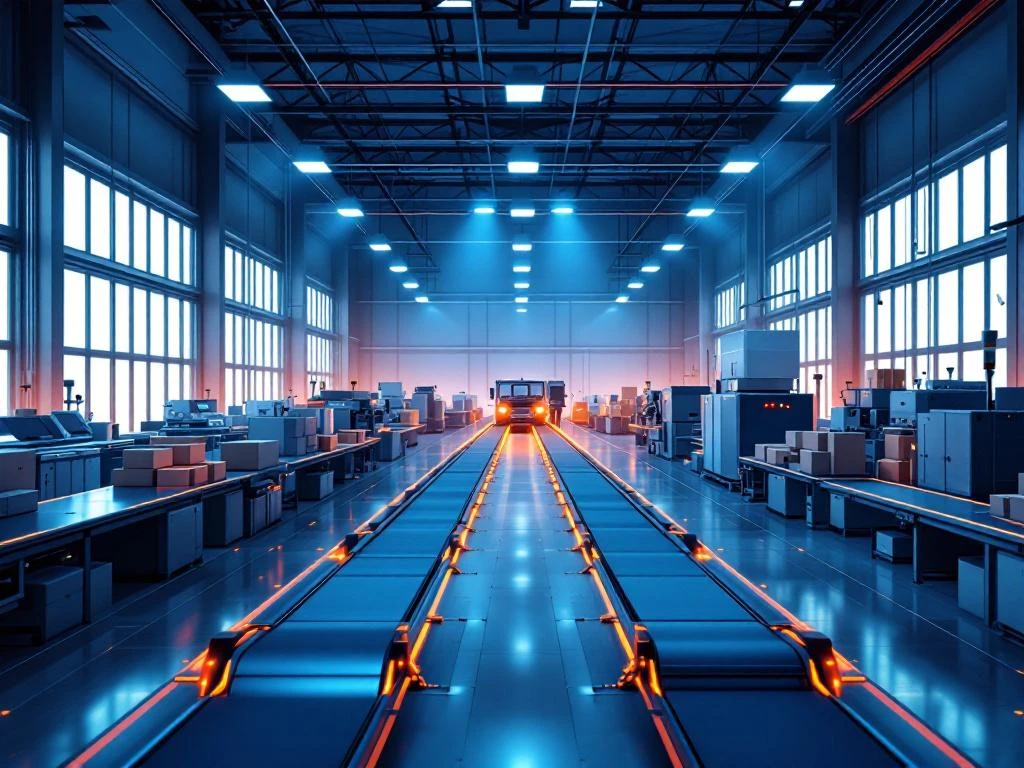 Moderne industriële productiefaciliteit met geometrische transportbanden en geautomatiseerde machines in blauw-oranje kleurschema