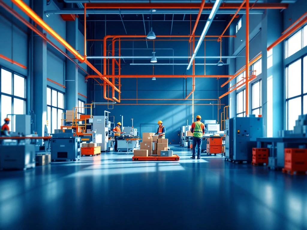 Moderne industriële productiefaciliteit met arbeiders in veiligheidskledij die machines bedienen in heldere ruimte