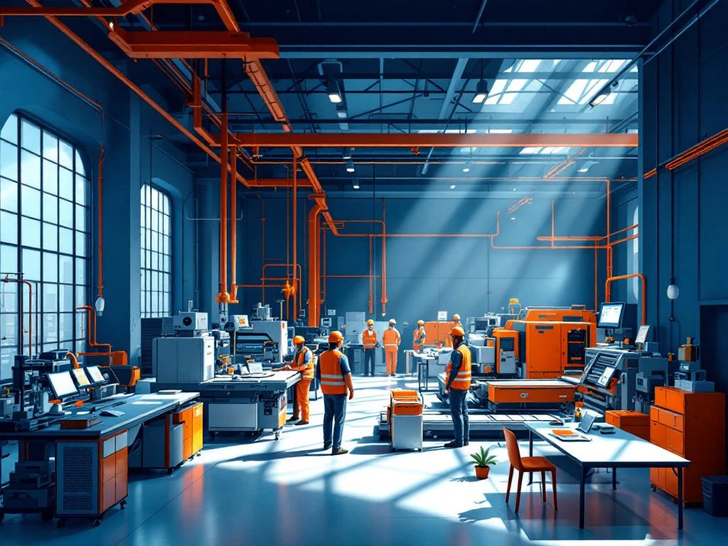 Moderne industriële productiefaciliteit met werknemers in veiligheidskledij die samenwerken rond geavanceerde machines