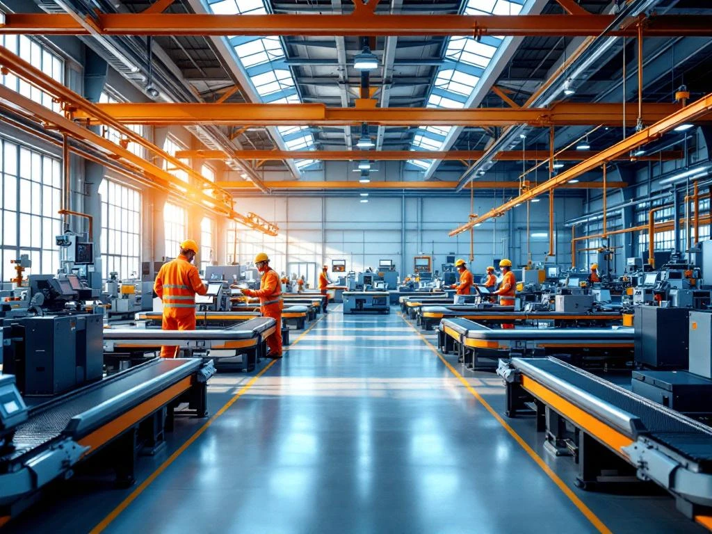 Moderne industriële productiefaciliteit met arbeiders in veiligheidsuitrusting die samenwerken aan geautomatiseerde productielijn