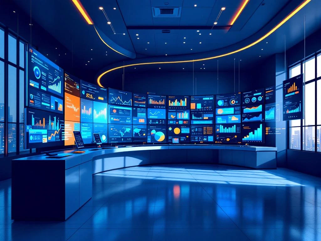 Moderne logistieke controleruimte met gebogen monitoren die data-analytics dashboards tonen in blauw en oranje tinten