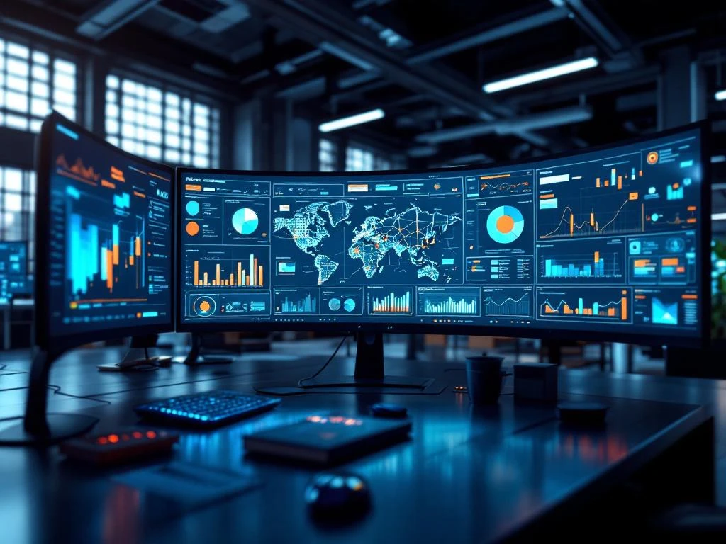 Moderne logistiek controlecentrum met gebogen monitoren die kleurrijke data-analyses en supply chain dashboards tonen