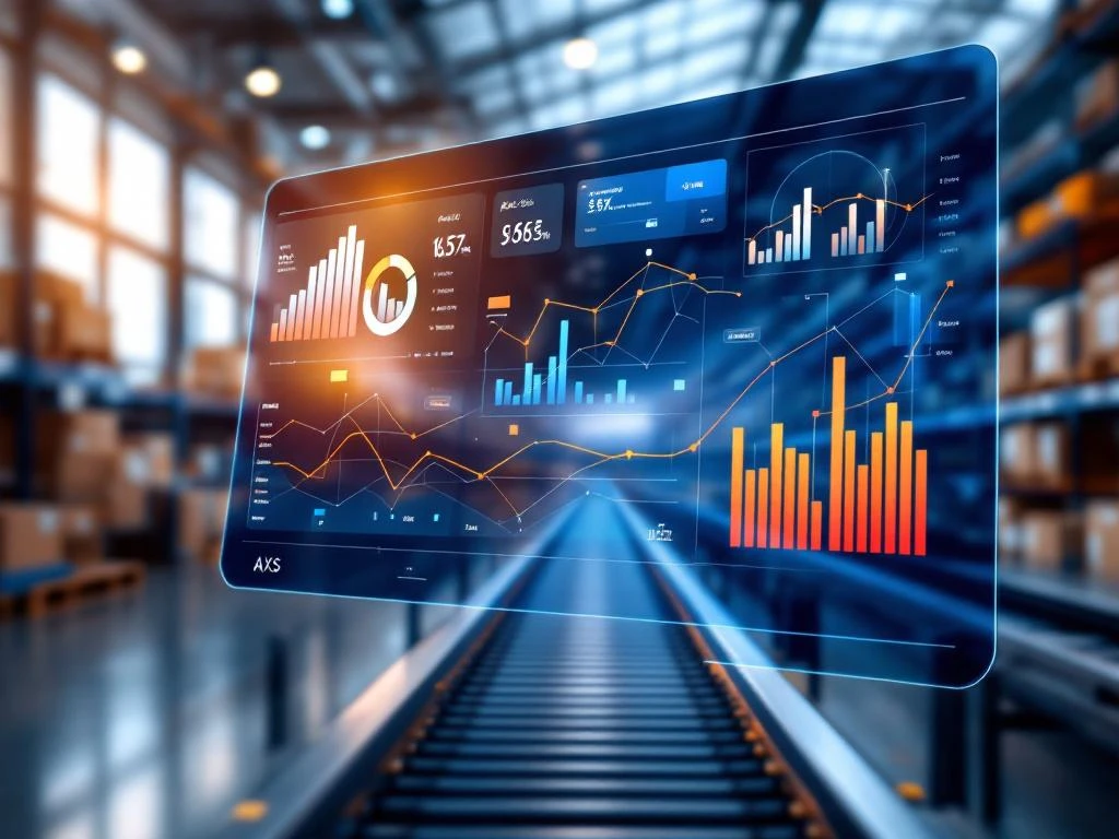 Dashboard met datavisualisatie in donkerblauw en oranje zweeft boven moderne logistieke magazijnomgeving met transportbanden