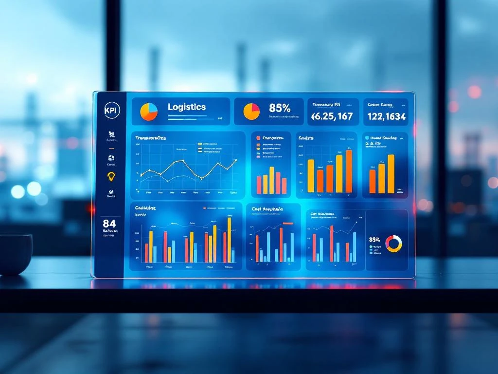 Financieel logistiek dashboard met KPI-grafieken in donkerblauw en oranje, transportmetrieken en kostenanalyse
