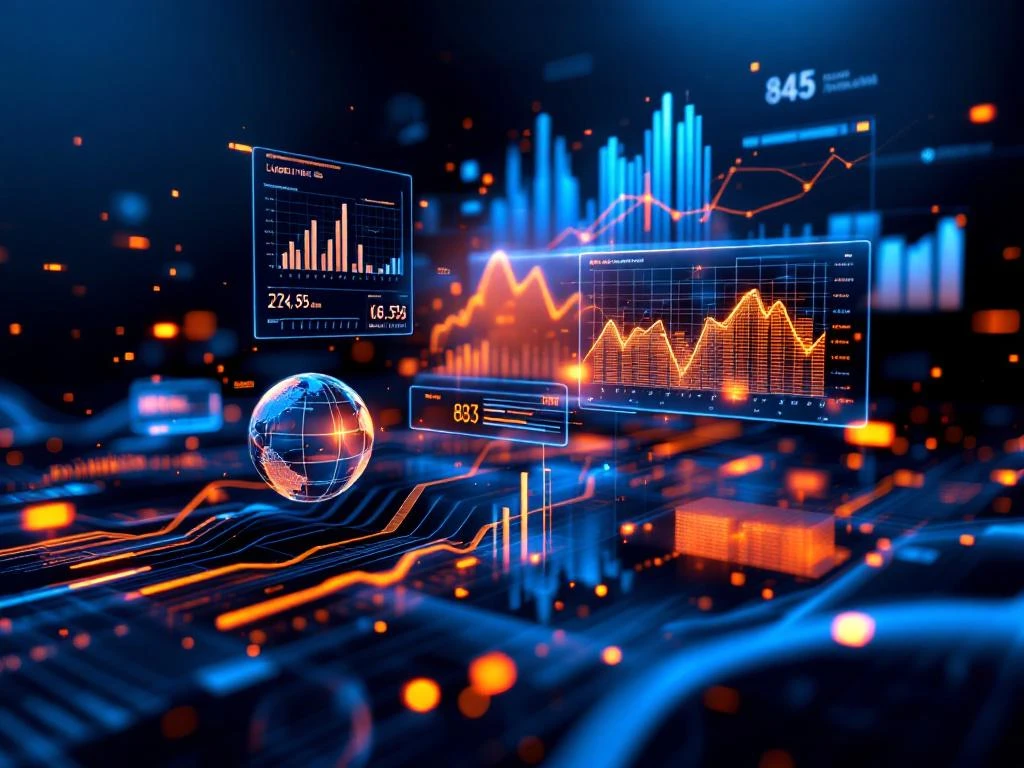 Holografische datavisualisatie met logistieke dashboards en supply chain analytics in blauw en oranje tinten