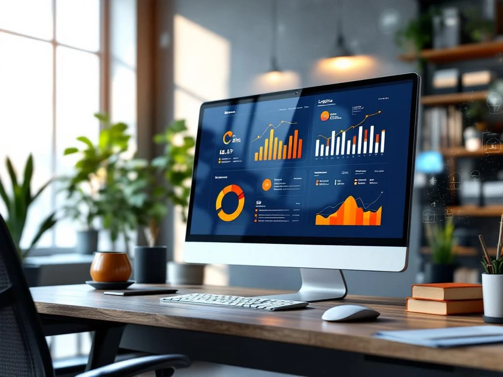 Computer met kleurrijke data visualisatie dashboards voor logistieke analyse op modern kantoorbureau
