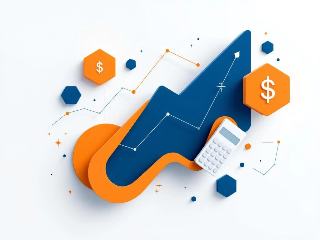 Financiële grafieken en logistieke pictogrammen in minimalistische compositie met donkerblauwe en oranje geometrische vormen