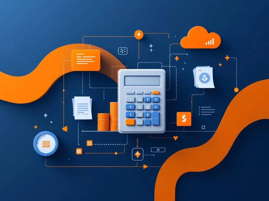 Rekenmachine en documenten met logistieke pictogrammen op donkerblauwe achtergrond voor financiële administratie