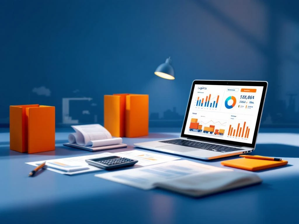Modern kantoor met laptop, financiële documenten en calculator op bureau, logistieke grafieken op scherm, blauw-oranje kleurenschema