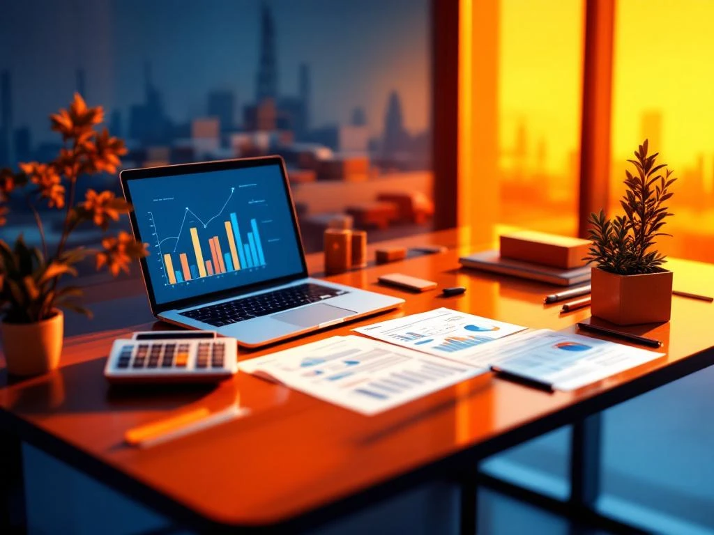 Modern glazen bureau met financiële documenten, calculator en laptop met logistieke grafieken, magazijn silhouetten op achtergrond