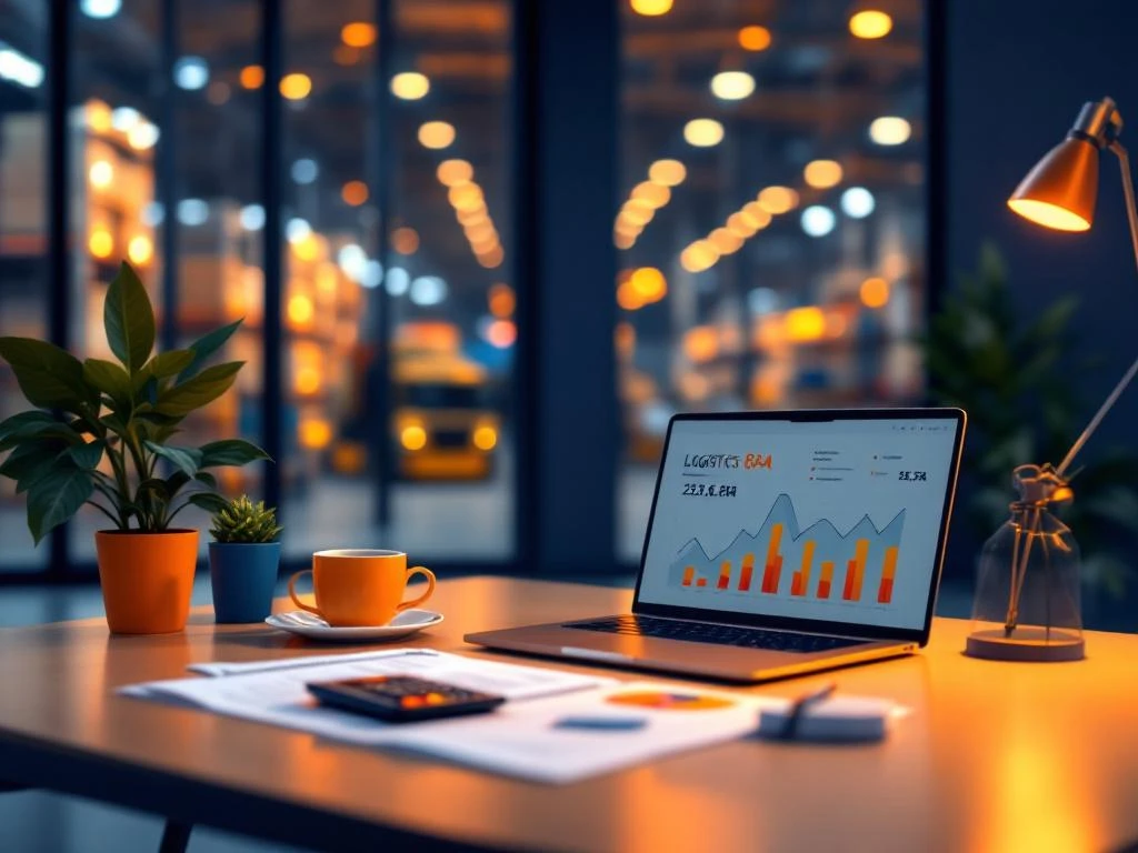 Modern kantoor met laptop, financiële documenten en calculator op bureau, donkerblauwe muren met oranje accenten