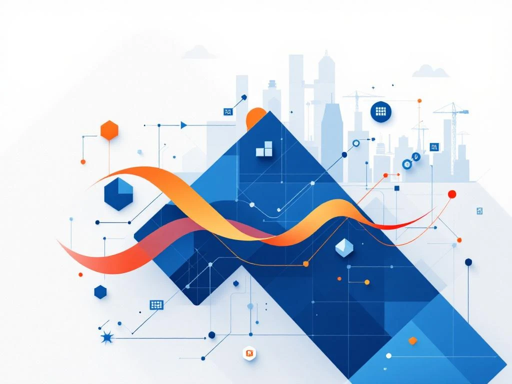 Geometrische financiële datavisualisatie met blauwe rasterpatronen en oranje stroomlijnen voor logistiek