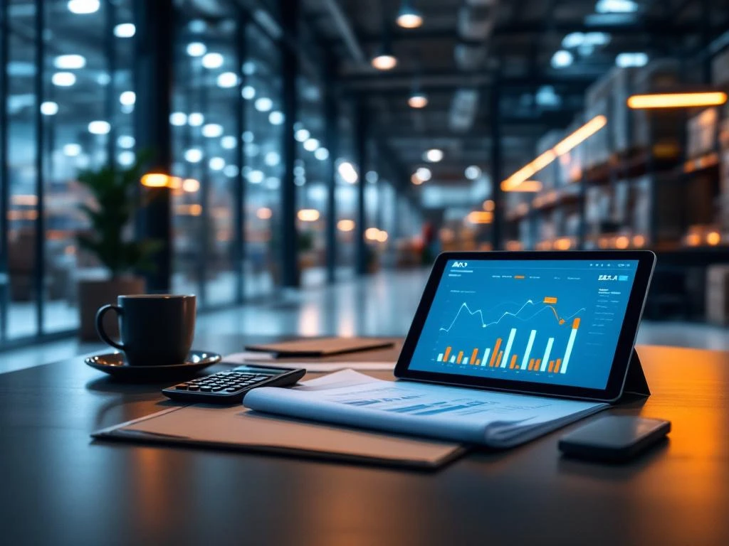 Modern logistiek kantoor met financiële documenten, tablet met supply chain analytics en industrieel magazijn op achtergrond