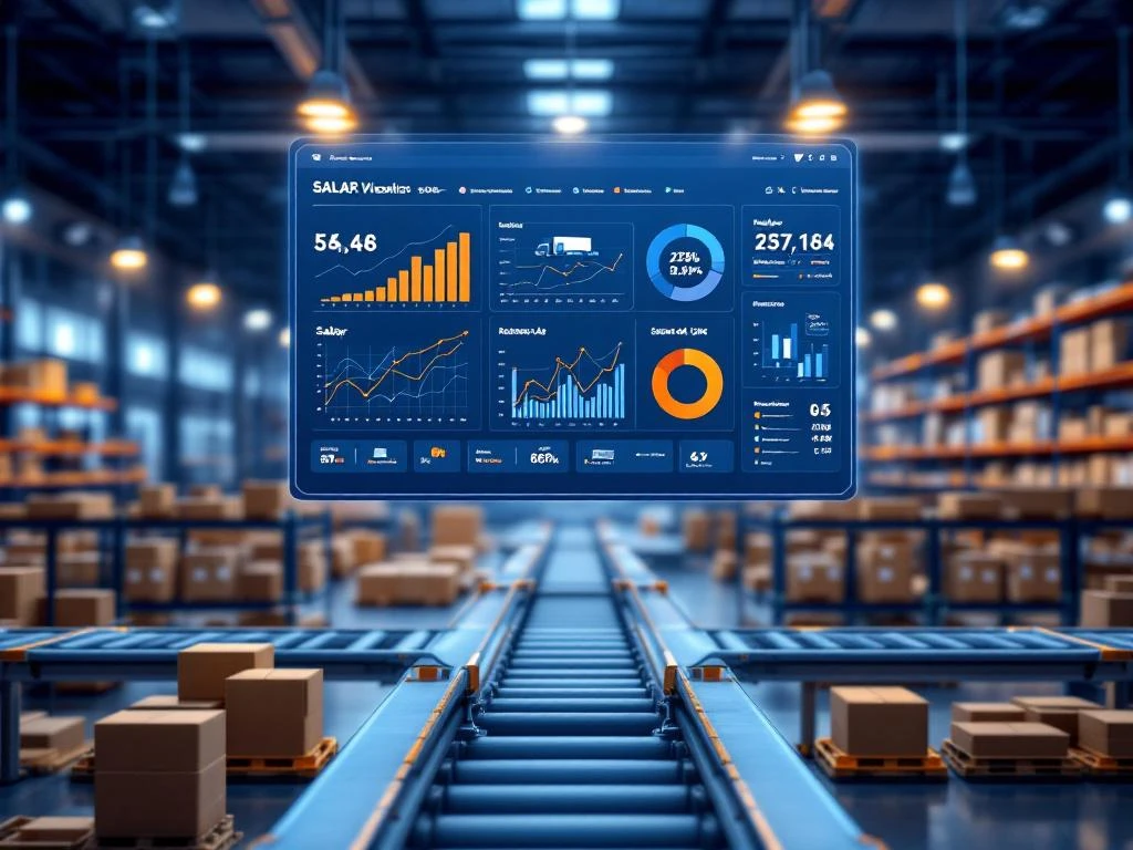 Dashboard met salarisanalyses zweeft boven moderne logistieke magazijn met blauwe en oranje grafieken en supply chain iconen