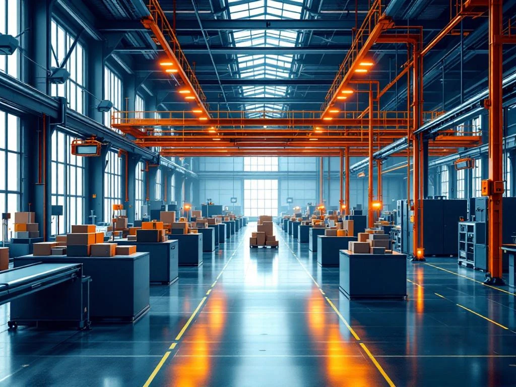 Moderne industriële magazijn met blauwe productiemachines, oranje veiligheidsuitrusting en natuurlijk licht door ramen