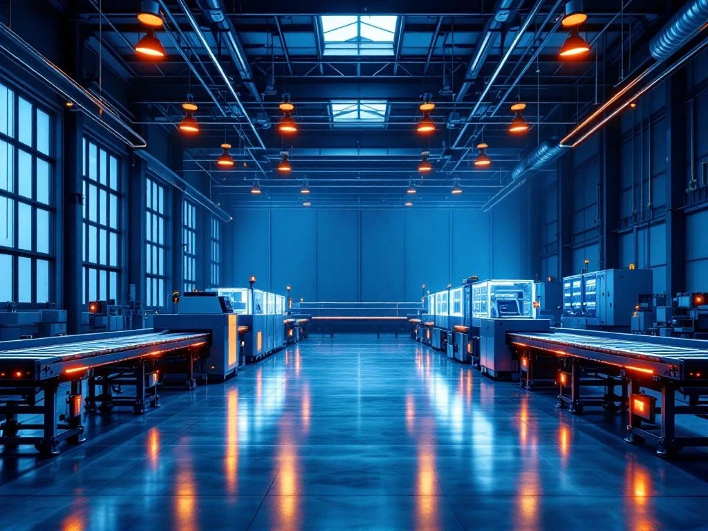 Moderne industriële magazijn met productielijn en transportbanden, verlicht door natuurlijk licht en oranje accentverlichting