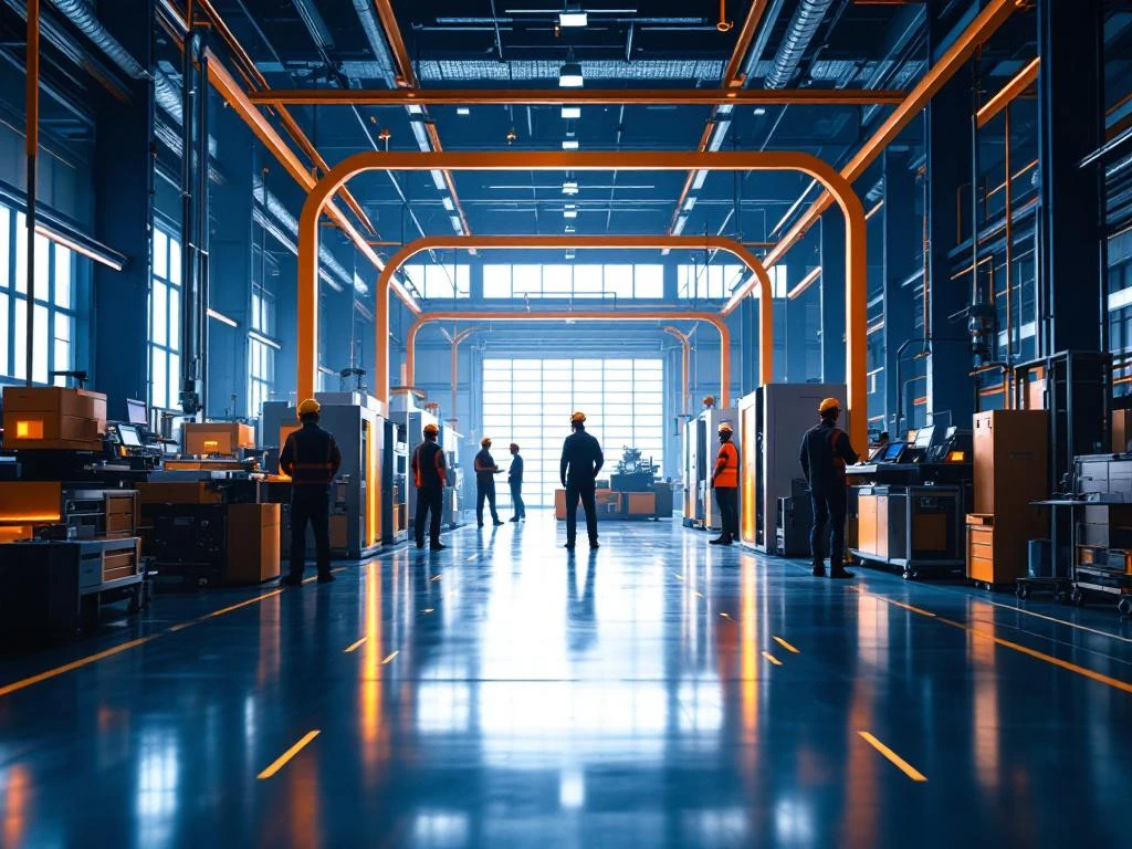 Moderne industriële magazijn met werknemers in veiligheidsuitrusting bij machines, natuurlijk licht door grote ramen