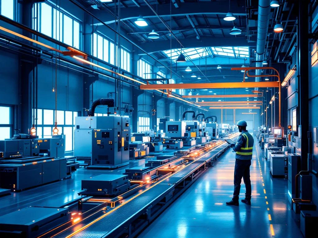 Moderne industriële productiefaciliteit met geautomatiseerde machines, transportbanden en oranje veiligheidsuitrusting