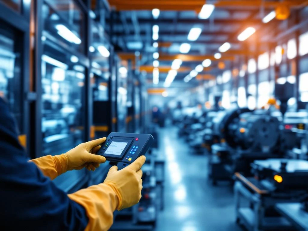 Professionele handen bedienen controlepanelen in moderne industriële productiefaciliteit met veiligheidskleuren