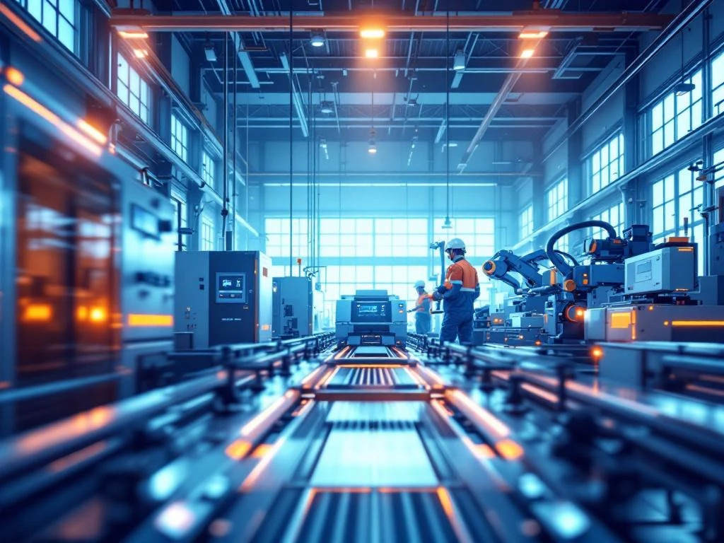 Moderne industriële productiefaciliteit met geautomatiseerde machines, transportbanden en natuurlijk licht door grote ramen