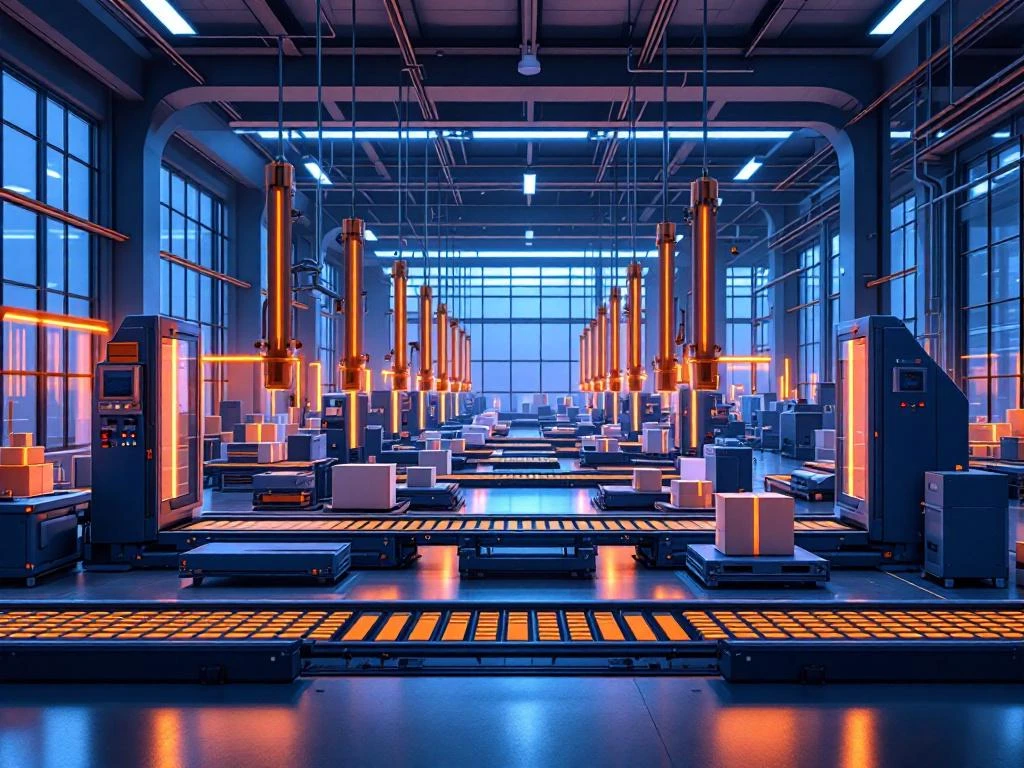 Moderne industriële productiefaciliteit met geautomatiseerde assemblagelijnen, blauwe tonen en oranje accentverlichting