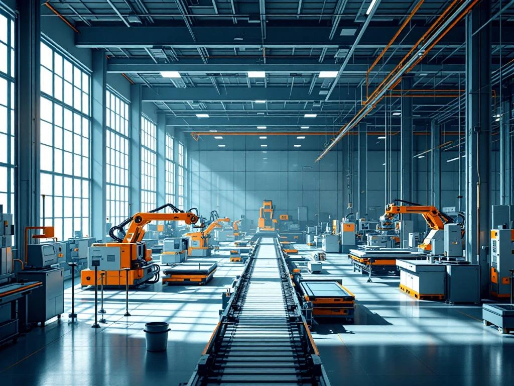 Moderne industriële productiefaciliteit met geautomatiseerde assemblagelijn, kwaliteitscontrolestations en precisietools