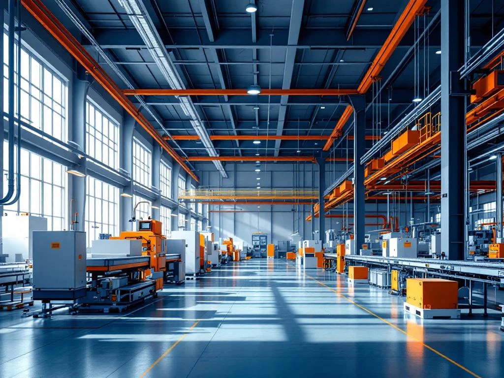 Moderne industriële productiefaciliteit met blauwe machines, oranje veiligheidsaccenten en georganiseerde werkstations